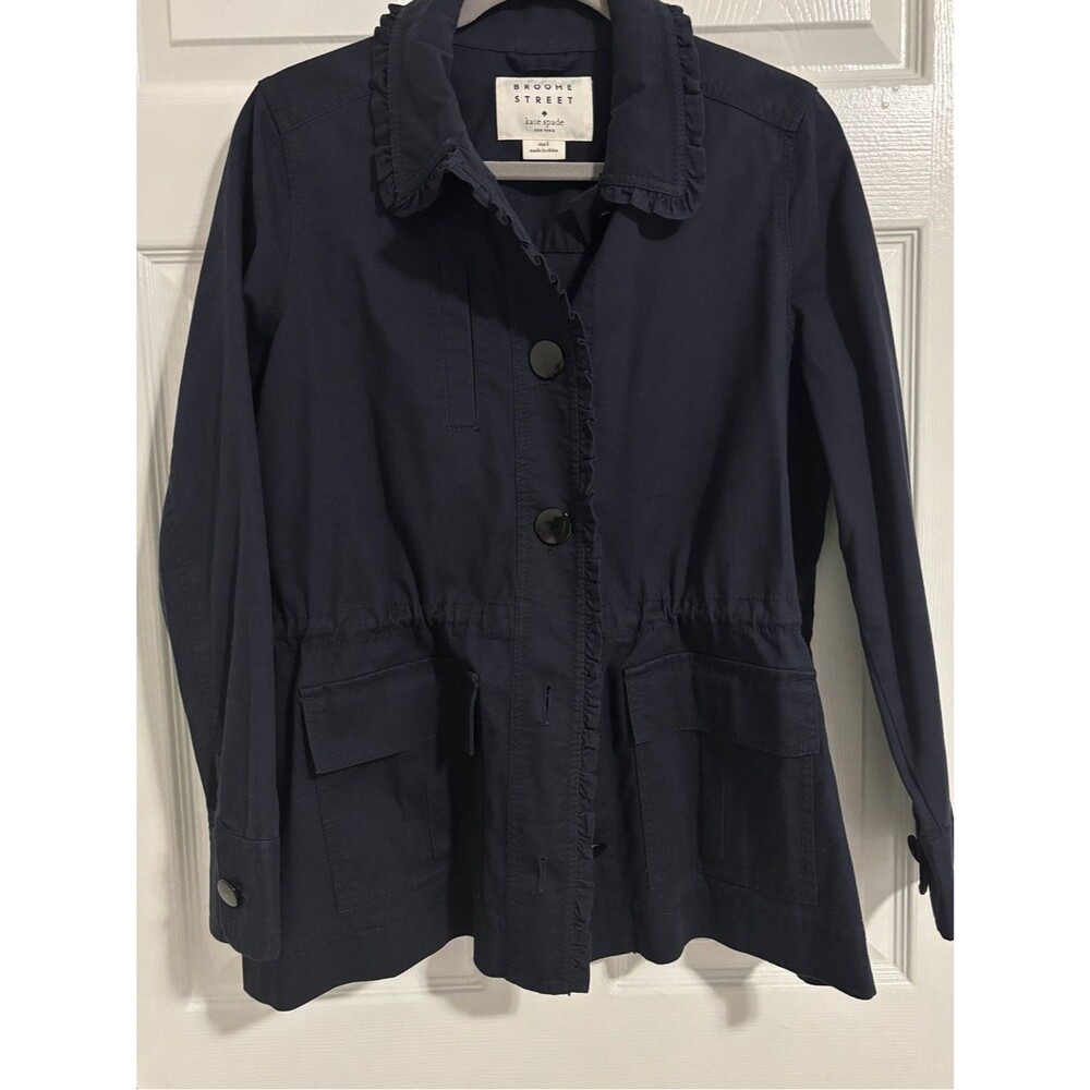 Kate Spade Women’s S Navy Ruffle Trim Utility Field Jacket Bow Feminine Preppy